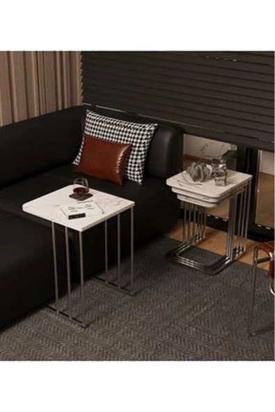 Stil Ceylin 4lü Zigon Sehpa Tekerlekli Gümüş Ayaklı Mermer Desenli - 3