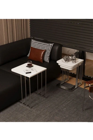 Stil Ceylin 4lü Zigon Sehpa Tekerlekli Gümüş Ayaklı Mermer Desenli - 2