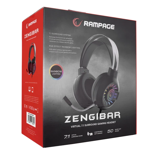RAMPAGE RM-K44 ZENGIBAR SİYAH 7.1 SURROUND RGB IŞIK EFEKTLİ MİKROFONLU OYUNCU KULAKLIĞI RAMPAGE - 7