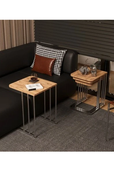 Stil Ceylin 4lü Zigon Sehpa Tekerlekli Gümüş Ayaklı Mermer Desenli - 3