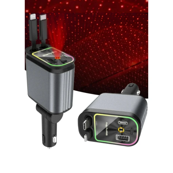 Ozmik RGB Işıklı 66W Araç Şarj Cihazı 4in1 Geri Çekilebilir Kablo Type-C + Lightning Yıldızlı Efekti - 3