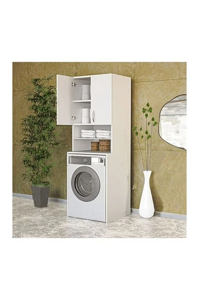 Papatya Çamaşır Makinesi Dolabı, Banyo Dolabı, 4 Raflı, Kapaklı, Beyaz Dolap - 2