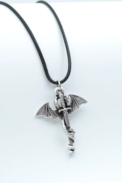 Ejderha Kılıç Gümüş Kaplama Deri İp Kolye