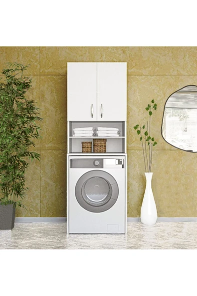 Papatya Çamaşır Makinesi Dolabı, Banyo Dolabı, 4 Raflı, Kapaklı, Beyaz Dolap