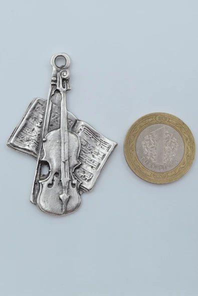 Keman - Nota Defteri Gümüş Kaplama Kolye Ucu - Resim 3
