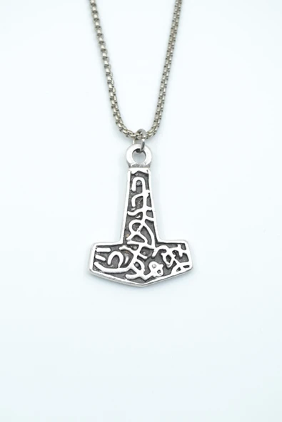 Thor Mjollnir Hammer Gümüş Kaplama Örme Zincir Kolye ürün görseli