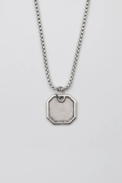 Sekizgen Geometrik Kolye - Örme İthal Zincirli Unisex Gümüş Kaplama Kolye - 60 cm