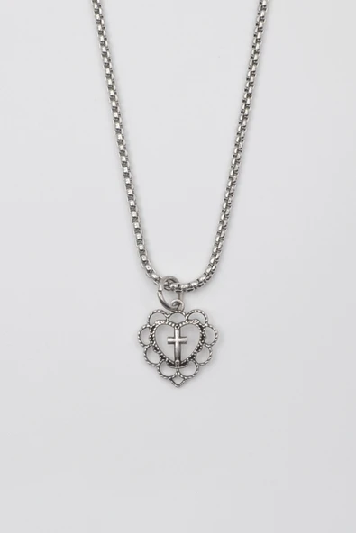 Minimalist Kalp Haç Kolye - Örme İthal Zincirli Unisex Gümüş Kaplama - 60 cm