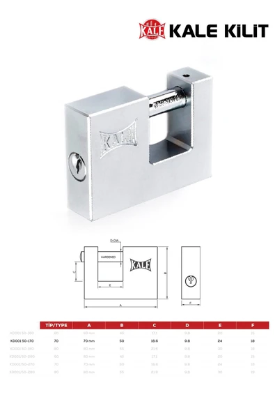 Kale Kilit Asma Kilit Yatay Pirinç (Saten) 70 Mm Kd001/50-170 - Resim 2