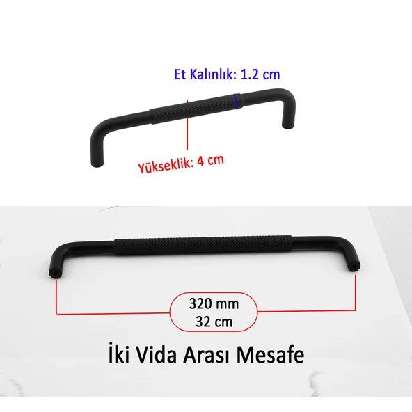 Uber Tırtıklı Mat Siyah Metal Kulp 320 mm 32 cm Mobilya Çekmece Mutfak Dolabı Dolap Kapak Kulpları - Resim 2