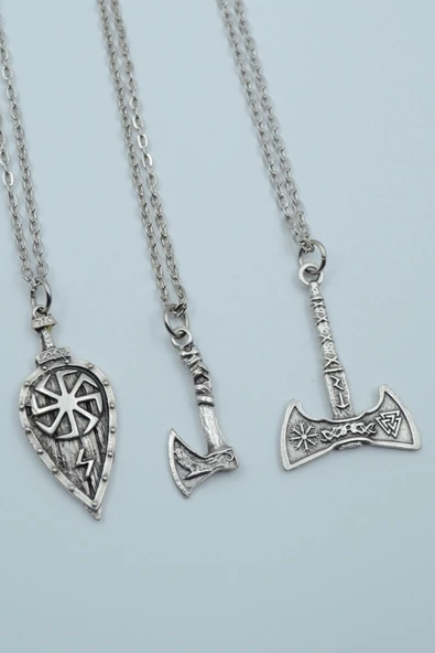 3'lü Viking Kalkan Vikig Çift Taraflı Balta Gümüş Kaplama Kolye Seti ürün görseli