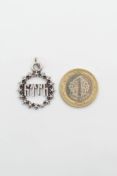 Göktürkçe Türk Yazılı ve Yıldızlı Kolye - Düz Ezme İthal Zincirli Unisex Gümüş Kaplama - 60 cm - Resim 4