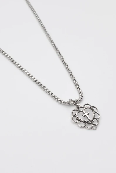 Minimalist Kalp Haç Kolye - Örme İthal Zincirli Unisex Gümüş Kaplama - 60 cm - 2