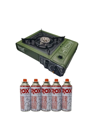 Rox 153Rox0188 Tekli Portatif Kamp Ocak - Haki Yeşil, Rüzgarlıklı, Ekstra Gaz Girişli, 5 Adet Gaz ürün görseli 1