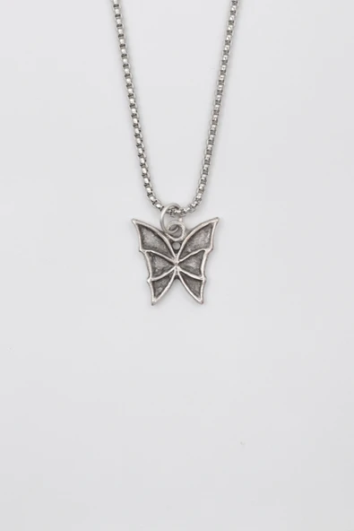 Kelebek Örme Zincir Kolye - Antik Gümüş Kaplama - Kadın Erkek - 60 cm