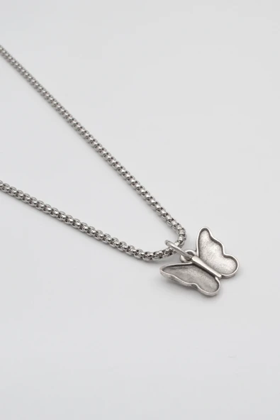 Kelebek Örme Zincir Kolye - Antik Gümüş Kaplama - Kadın Erkek - 60 cm - 2