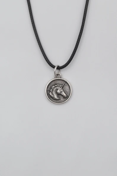 Unicorn - Tekboynuz Siyah Deri İp Kolye - Antik Gümüş Kaplama - Kadın Erkek - 60 cm