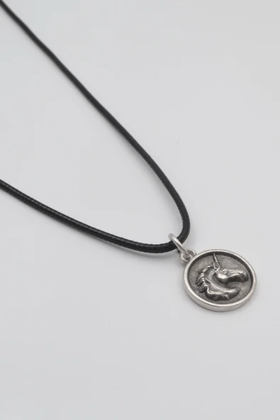 Unicorn - Tekboynuz Siyah Deri İp Kolye - Antik Gümüş Kaplama - Kadın Erkek - 60 cm - 2