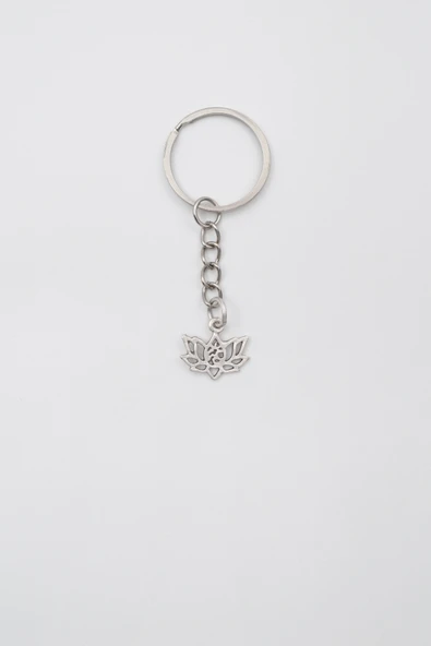 Minimal Om Sembollü Lotus Çiçeği Anahtarlık - Antik Gümüş Kaplama - Kadın Erkek