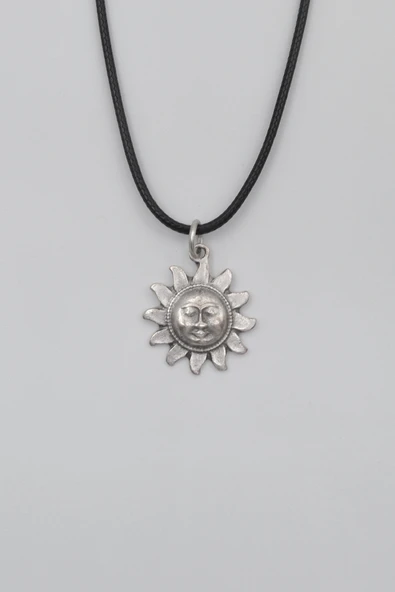 Vintage Güneş Yüz Siyah Deri İp Kolye - Antik Gümüş Kaplama - Kadın Erkek - 60 cm