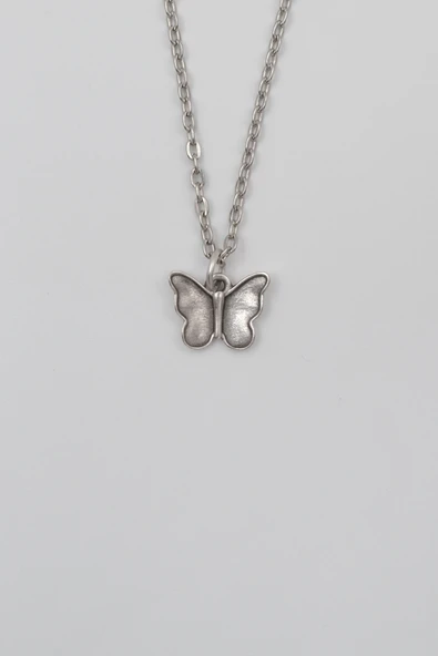 Kelebek Düz Ezme Zincir Kolye - Antik Gümüş Kaplama - Kadın Erkek - 60 cm