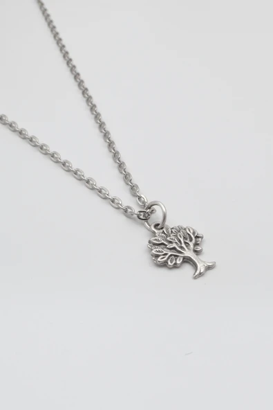 Hayat Ağacı Düz Ezme Zincir Kolye - Antik Gümüş Kaplama - Kadın Erkek - 60 cm - Resim 2