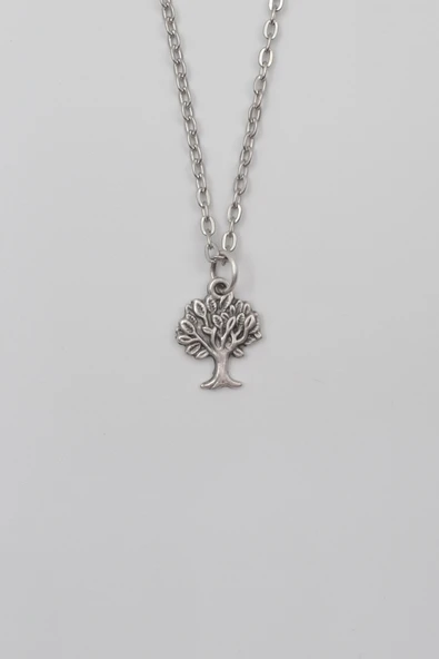 Hayat Ağacı Düz Ezme Zincir Kolye - Antik Gümüş Kaplama - Kadın Erkek - 60 cm ürün görseli