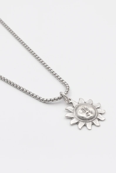 Vintage Güneş Yüz Örme Zincir Kolye - Antik Gümüş Kaplama - Kadın Erkek - 60 cm - Resim 2