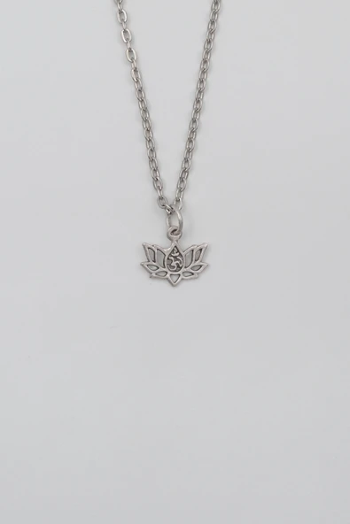 Minimal Om Sembollü Lotus Çiçeği Düz Ezme Zincir Kolye - Antik Gümüş Kaplama - Kadın Erkek - 60 cm ürün görseli