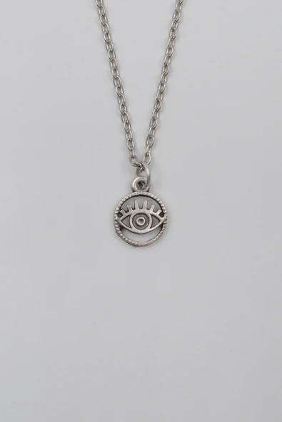 Minimalist Göz - Nazar Düz Ezme Zincir Kolye - Antik Gümüş Kaplama - Kadın Erkek - 60 cm