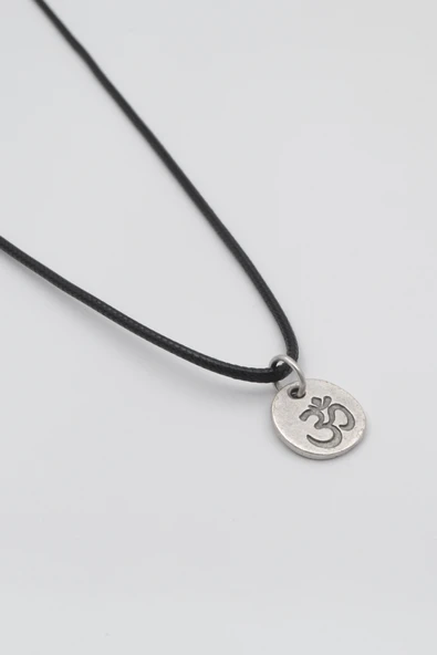 Om Aum Sembolü Siyah Deri İp Kolye - Antik Gümüş Kaplama - Kadın Erkek - 60 cm - 2