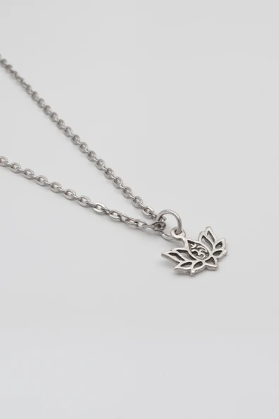 Minimal Om Sembollü Lotus Çiçeği Düz Ezme Zincir Kolye - Antik Gümüş Kaplama - Kadın Erkek - 60 cm - Resim 2