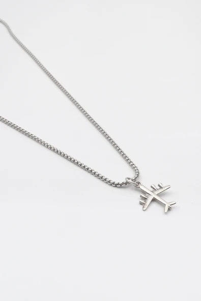 Küçük Uçak Örme Zincir Kolye - Antik Gümüş Kaplama - Kadın Erkek - 60 cm - Resim 2