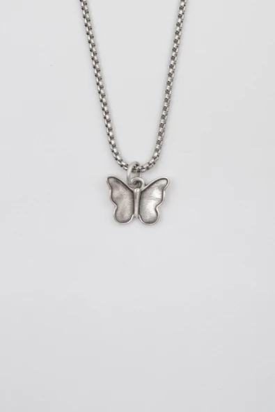 Kelebek Örme Zincir Kolye - Antik Gümüş Kaplama - Kadın Erkek - 60 cm