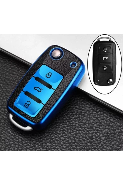 Leon Ibiza Polo Golf Passat Jetta Scirocco Tiguan Lüks Anahtar Koruma Kabı Kılıfı Mavi Renk ürün görseli