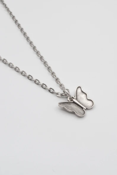 Kelebek Düz Ezme Zincir Kolye - Antik Gümüş Kaplama - Kadın Erkek - 60 cm - 2