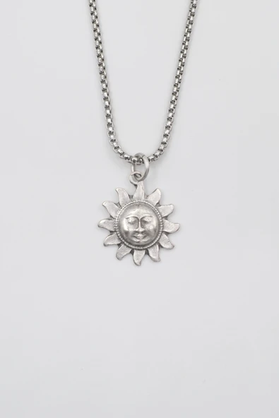 Vintage Güneş Yüz Örme Zincir Kolye - Antik Gümüş Kaplama - Kadın Erkek - 60 cm ürün görseli