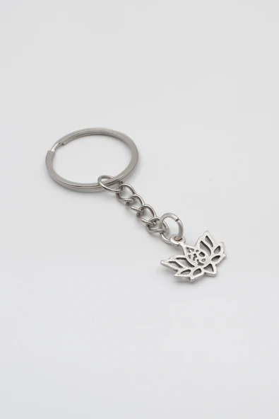 Minimal Om Sembollü Lotus Çiçeği Anahtarlık - Antik Gümüş Kaplama - Kadın Erkek - 2