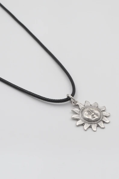 Vintage Güneş Yüz Siyah Deri İp Kolye - Antik Gümüş Kaplama - Kadın Erkek - 60 cm - 2