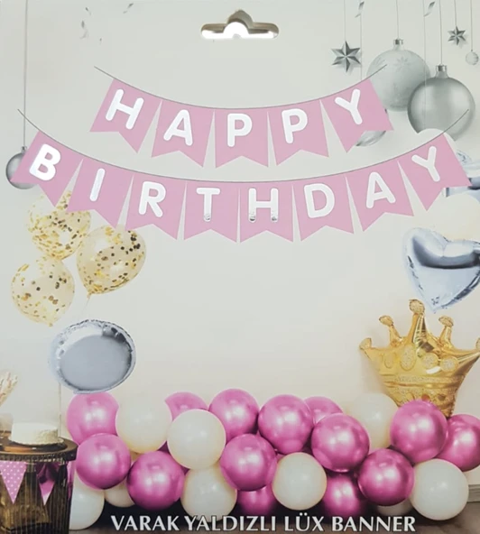 Pembe Gümüş Yaldızlı Happy Birthday Uzar Banner - 1