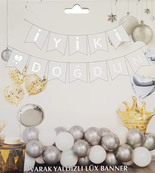 Beyaz Gümüş Yaldızlı İyiki Doğdun Uzar Banner ürün görseli 1