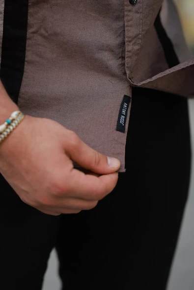 Erkek şerit Detaylı Uzun Kollu Pamuklu Keten Gömlek - Resim 3