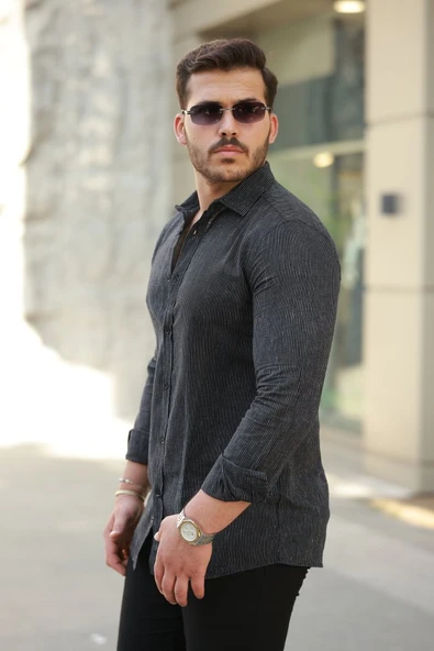 Erkek çizgi Desenli Uzun Kollu Pamuklu Keten Gömlek - Resim 2