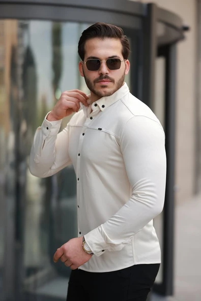 Erkek çıtçıt Düğmeli Dikiş Detaylı Uzun Kollu Gömlek - Resim 2