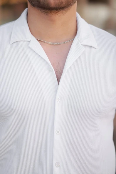 Erkek Ottoman Kumaş Apaj Yaka Kısa Kollu Gömlek - Resim 3