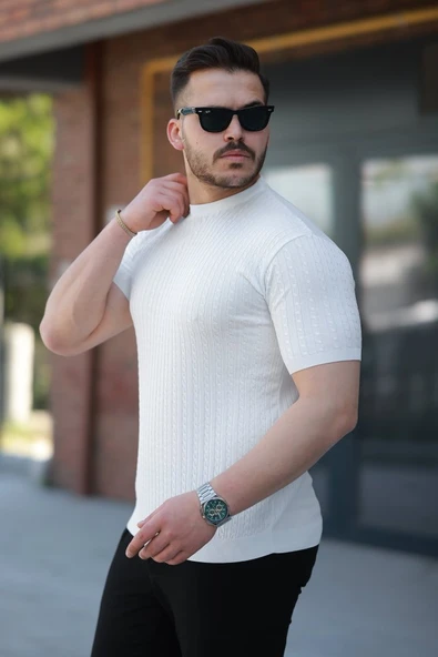 Erkek Bisiklet Yaka örgü Desenli Kısa örme Triko Kısa Kollu T-shirt - Resim 2