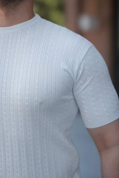 Erkek Bisiklet Yaka örgü Desenli Kısa örme Triko Kısa Kollu T-shirt - Resim 3