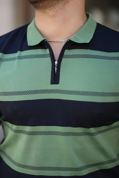 Erkek Yakalı Fermuarlı çift Renk Kısa Kollu T-shirt - Resim 3