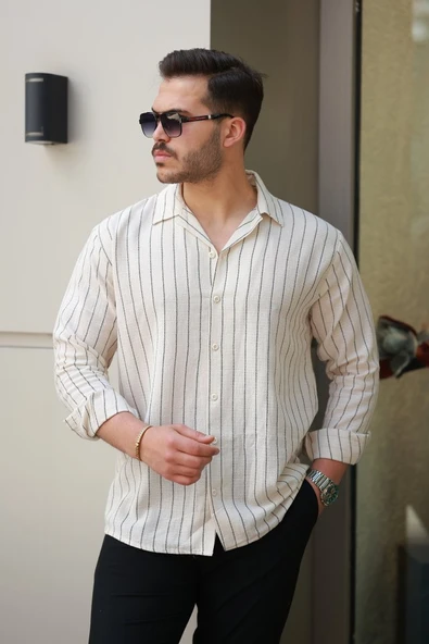 Erkek çizgili Keten Gömlek - Resim 2