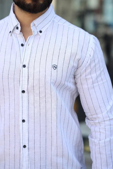 Erkek Pamuklu Çizgi Desenli Gömlek - Resim 3